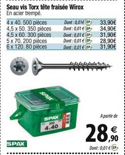 seau vis torx tête fraisée wirox spax