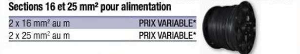 sections 16 et 25 mm² pour alimentation