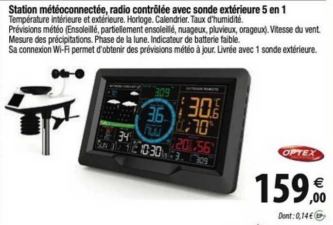 station météoconnectée, radio contrôlée avec sonde extérieure 5 en 1 optex