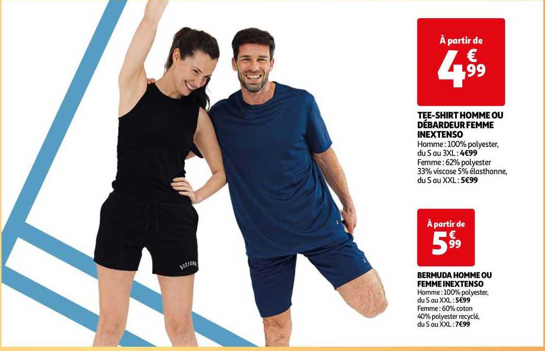 tee-shirt homme ou débardeur femme inextenso bermuda homme ou femme inextenso