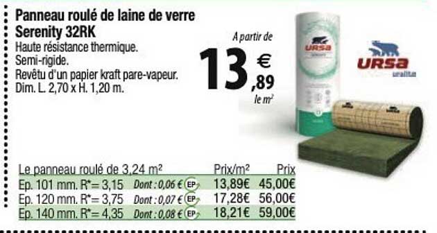 ursa  panneau roulé de laine de verre serenity 32rk