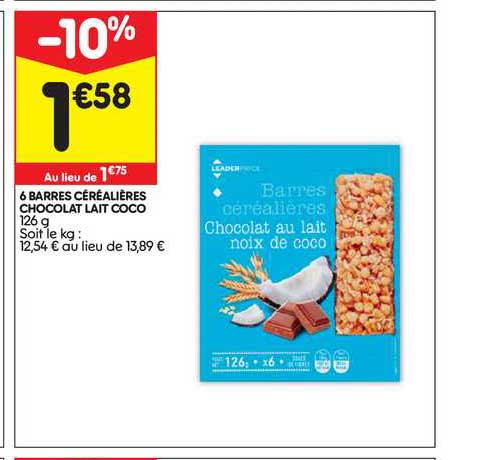 6 barres céréalières chocolat lait coco