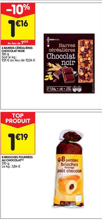 6 barres céréalières chocolat noir, 8 brioches fourrées au chocolat