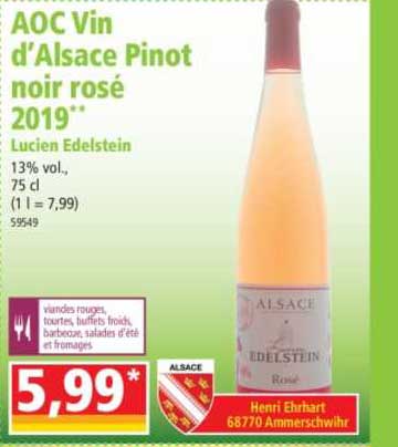 aoc vin d'alsace pinot noir rosé 2019 lucien edelstein