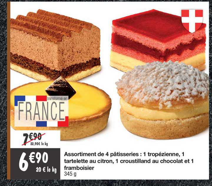 Assortiment De 4 Pâtisseries : 1 Tropézienne, 1 Tartelette Au Citron, 1 Croustilland Au Chocolat Et 1 Framboisier