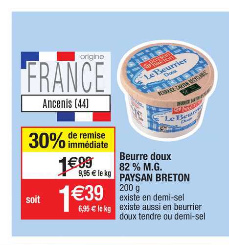 beurre doux 82% m.g. paysan breton