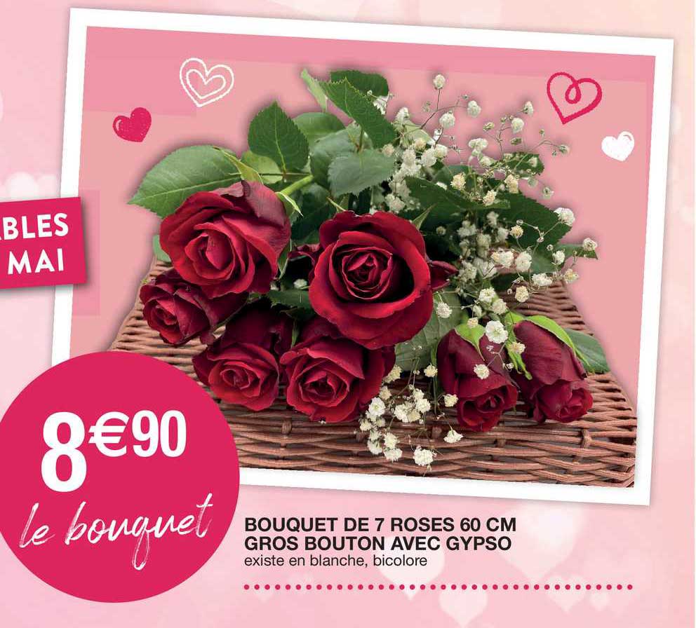 Bouquet De 7 Roses 60 Cm Gros Bouton Avec Gypso