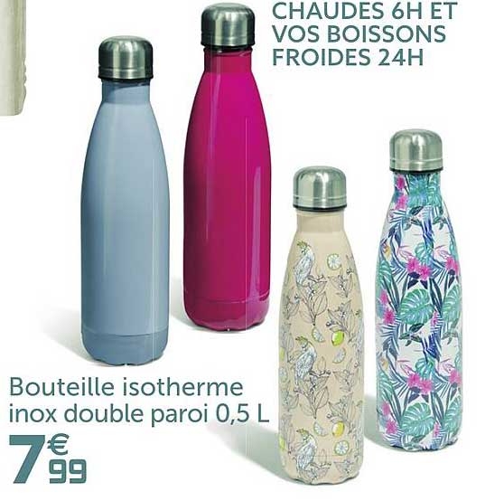 bouteille isotherme inox double paroi 0,5 l en chaudes 6h et vos boissons froides 24h