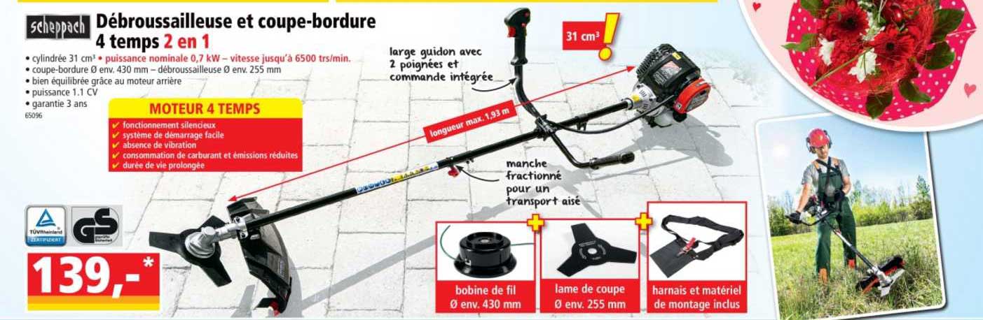 débrousailleuse et coupe-bordure 4 temps 2 en 1 scheppach