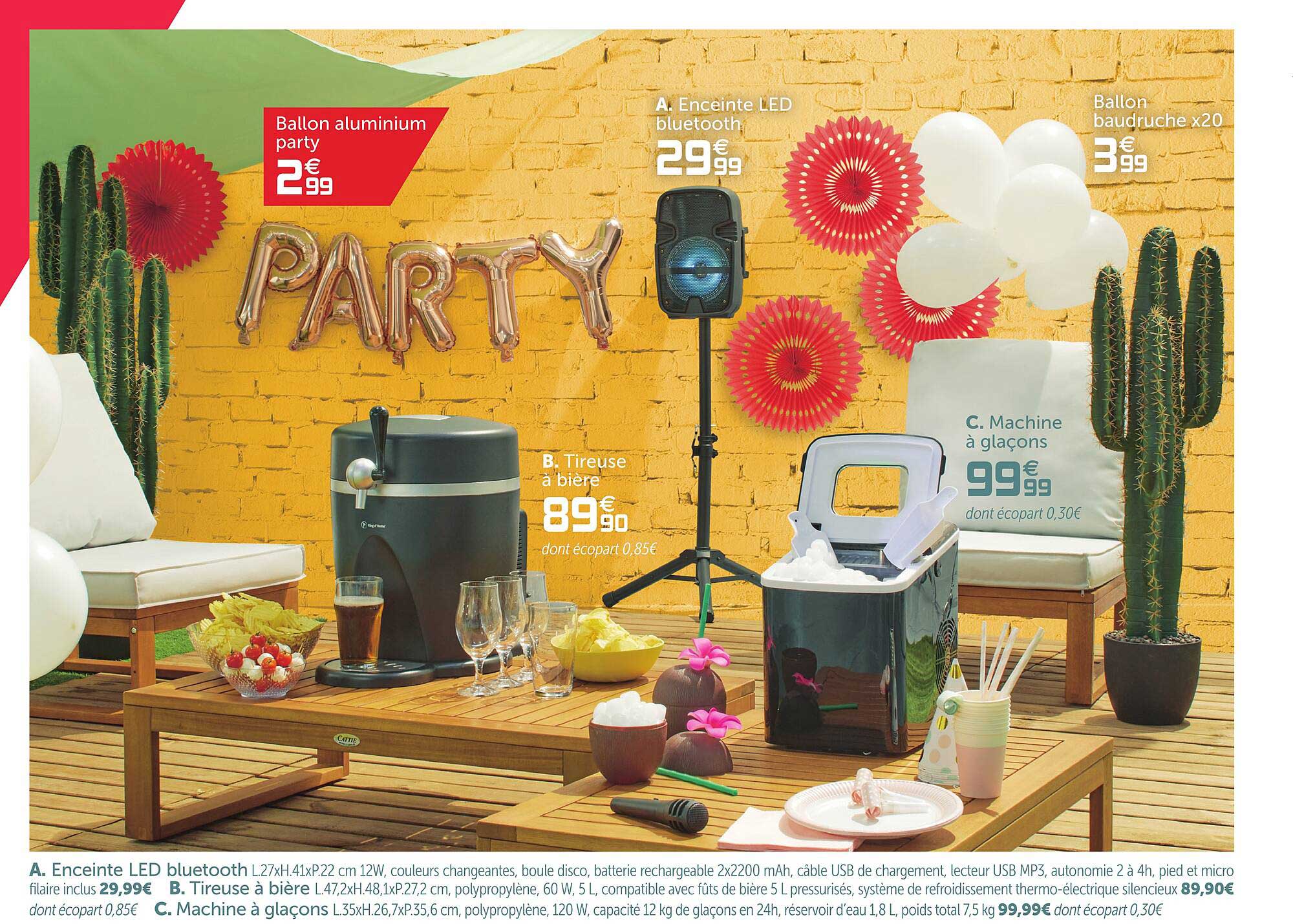 enciete le bluetooth, tireuse a biere, machine a glacons, ballon aluminium party, ballon baudruche x20