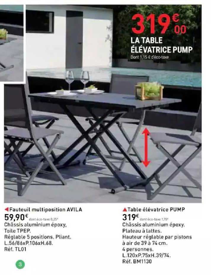 Fauteuil Multiposition Avila, Table élévatrice Pump