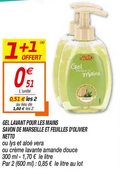 Gel Lavant Pour Les Mains Savon De Marseille Et Feuilles D'olivier Netto