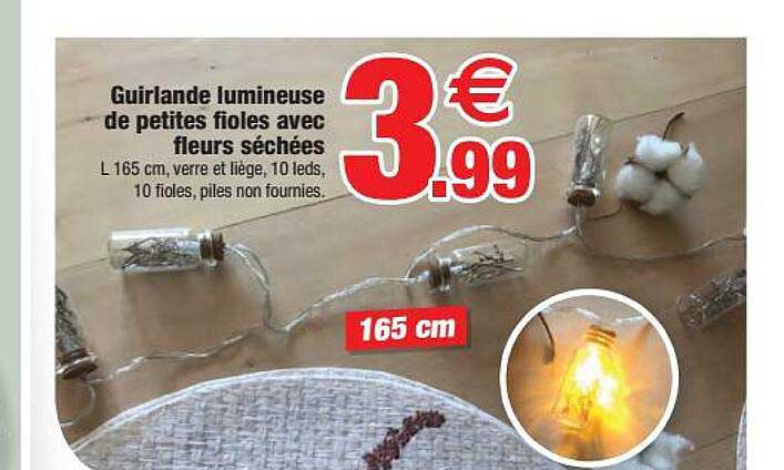 guirlande lumineuse de petites fioles avec fleurs séchées