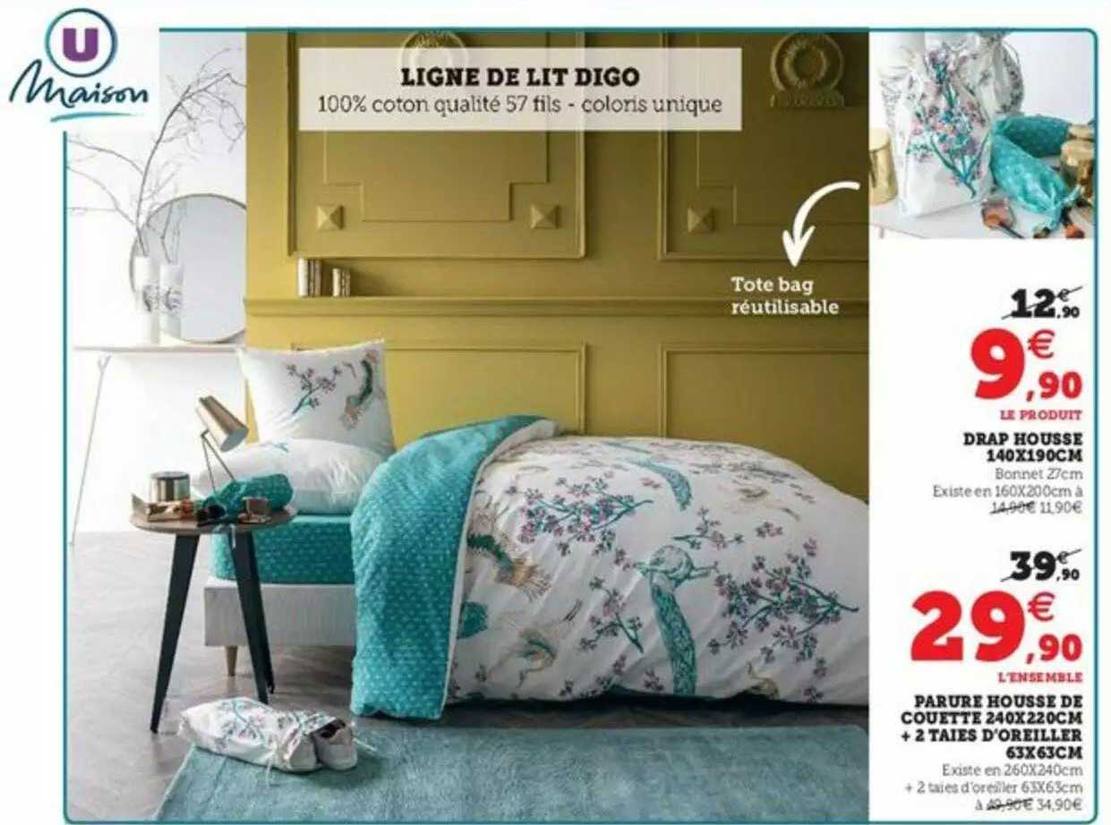 ligne de lit digo, drap housse 140x190cm, parure housse de couette 240x220cm + 2 taies d'oreiller 63x63cm