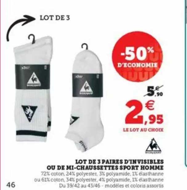lot de 3 paires d'invisibles ou de mi-chaussettes sport homme