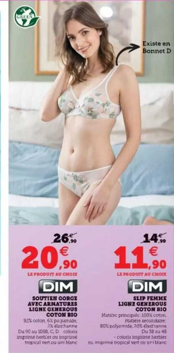 soutien gorge avec armatures ligne generous coton bio, slip femme ligne generous coton bio dim