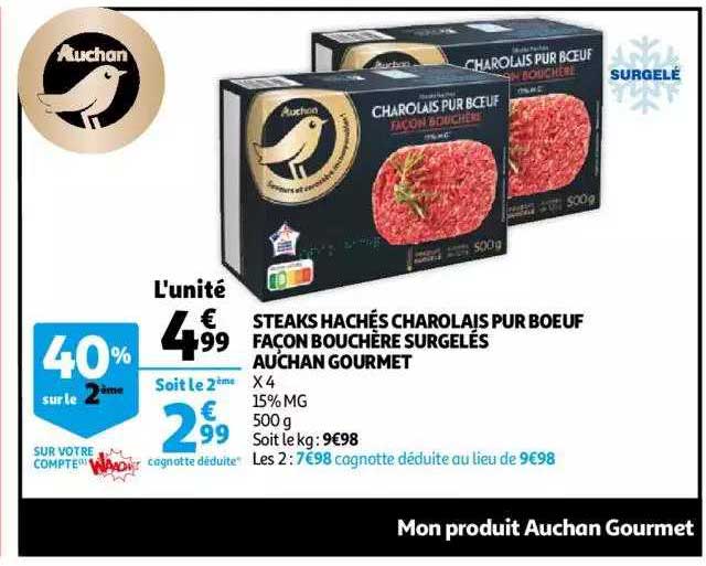 steaks hachés charolais pur boeuf façon bouchère surgelés auchan gourmet