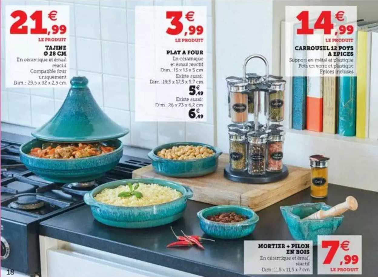 tajine 28 cm, plat à four, carrousel 12 pots à épices, mortier + pilon en bois