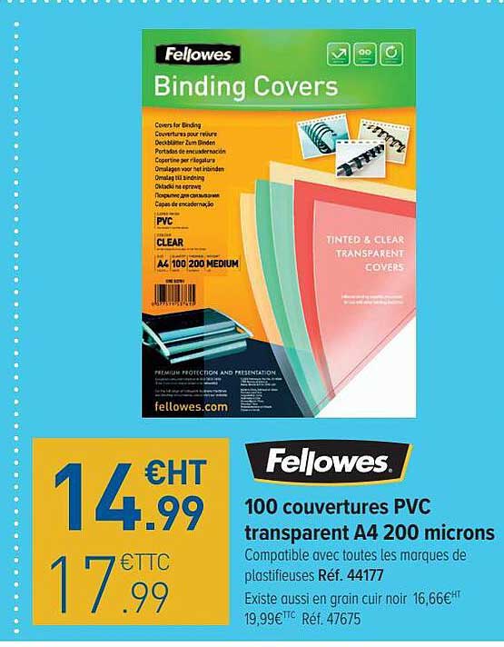100 couvertures pvc transparent a4 200 microns fellowes