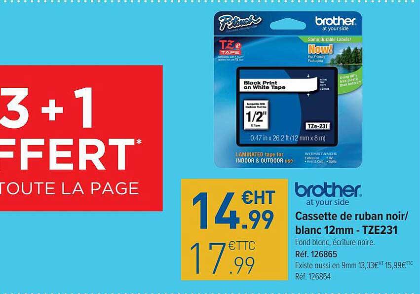 cassette de ruban noir-blanc 12mm-tze231 brother at your side