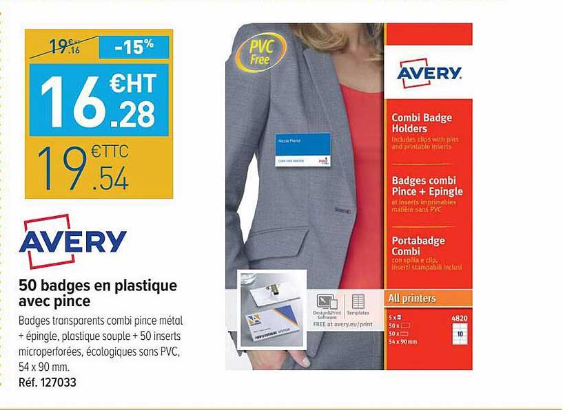 50 badges en plastique avec pince avery