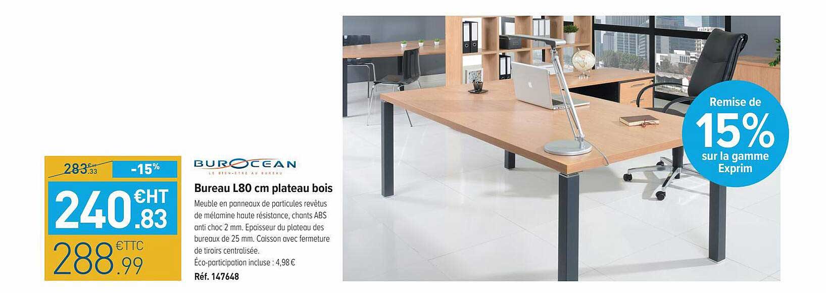 bureau l80 cm plateau bois burocean