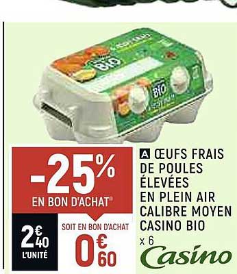 oeufs frais de poules élevées en plein air calibre moyen casino bio
