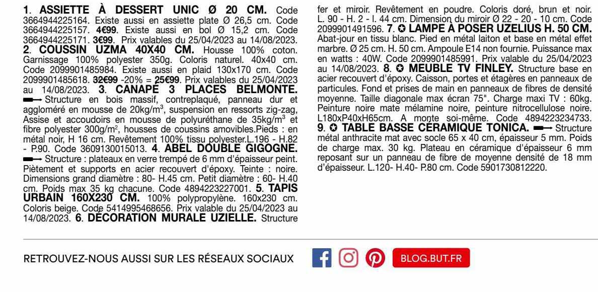 assiette à dessert unic ø20 cm, coussin uzma 40 x 40 cm, canapé 3 places belmonte, abel double gigogne, tapis urbain 160 x 230 cm, décoration murale uzielle, lampe à poser uzelius h. 50 cm, meuble tv