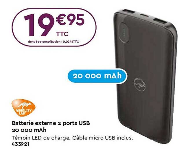 batterie externe 2 ports usb 20000 mAh mobility lab