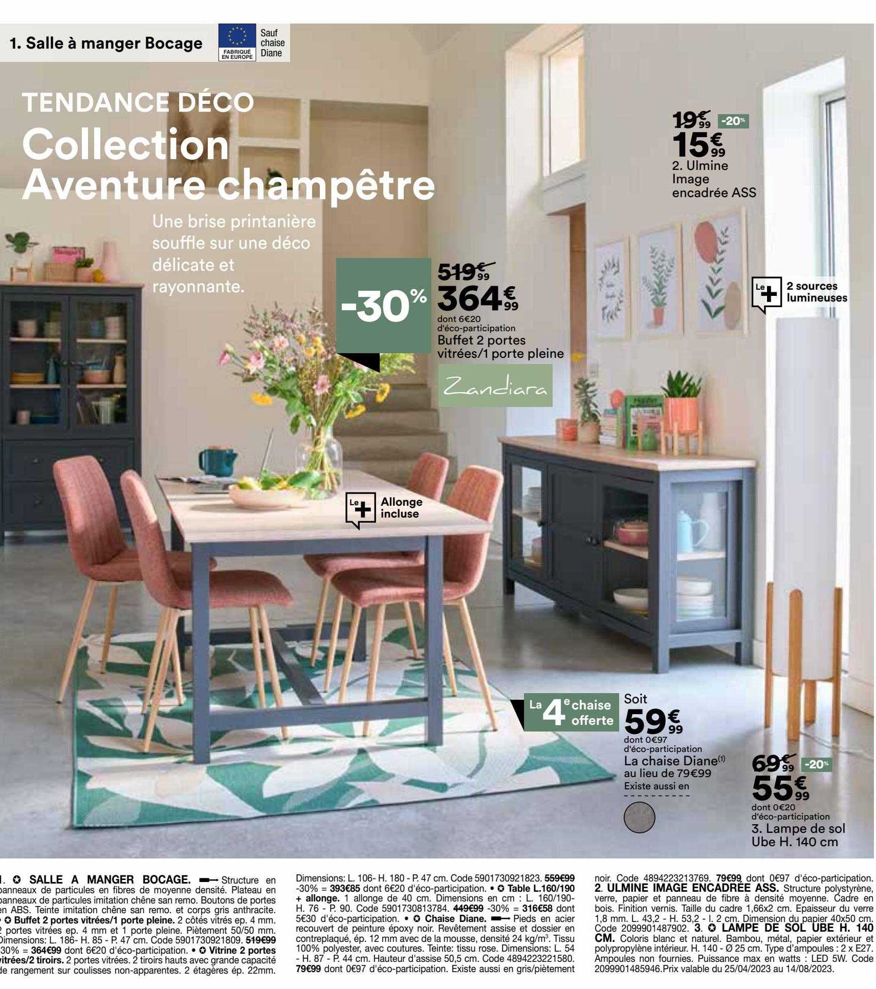 buffet 2 portes vitrées-1 porte pleine zandiara, ulmine image encadrée ass, la chaise diane, lampe de sol ube h. 140 cm