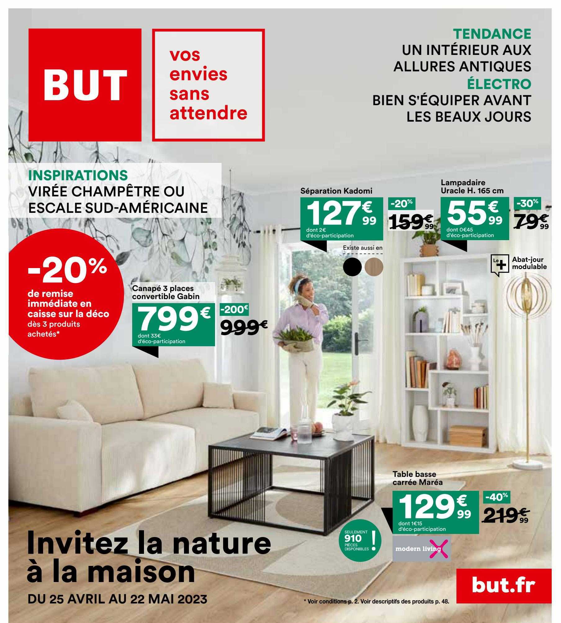 canapé 3 places convertible gabin, séparation kadomi, lampadaire uracle h. 165 cm, table basse carrée maréa