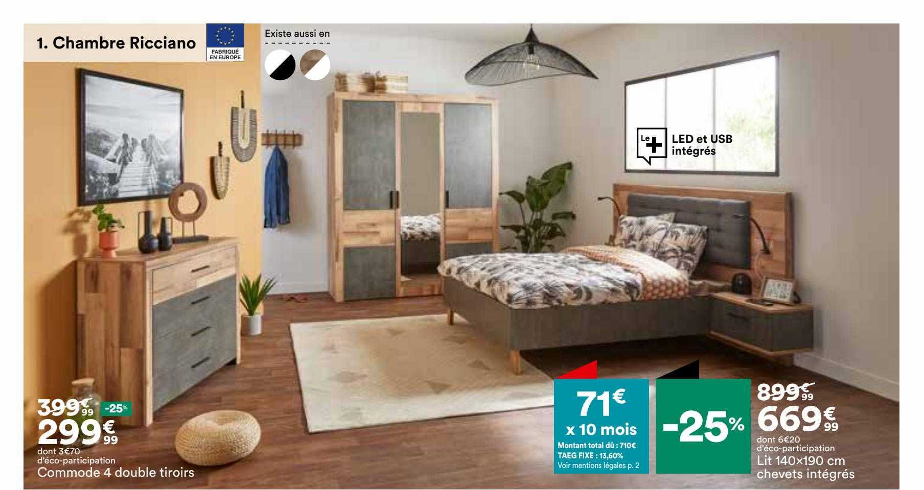 commode 4 double tiroirs, lit 140 x 190 cm chevets intégrés