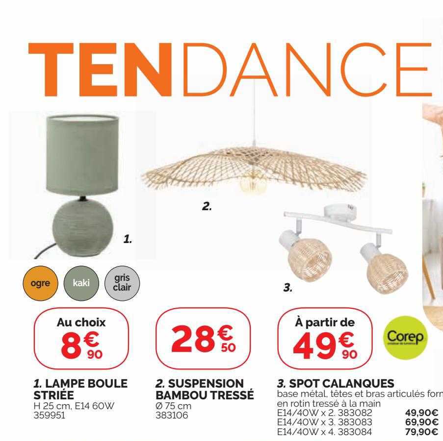 lampe boule striée, suspension bambou tressé, spot calanques