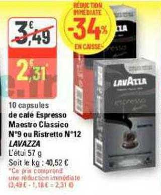 10 capsules de café espresso maestro classico n°9 ou ristretto n°12 lavazza