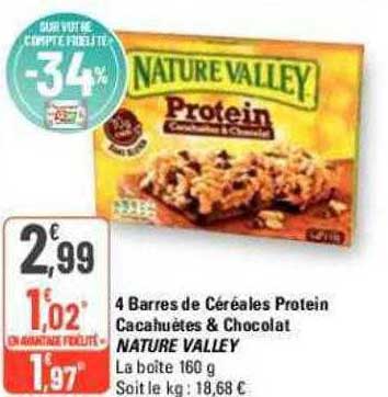 4 barres de céréales protein cacahuètes & chocolat nature valley
