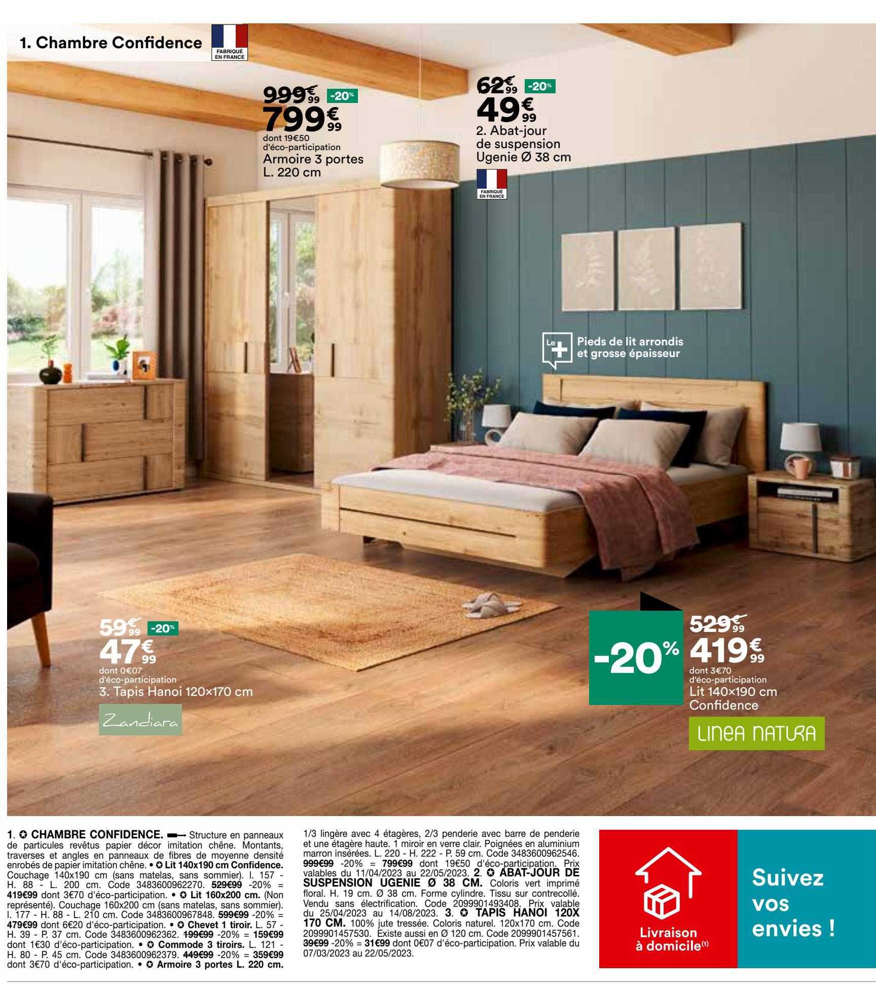 armoire 3 portes l. 220 cm, abat-jour de suspension ugenie ø 38 cm, tapis hanoi 120 x 170 cm zandiara, lit 140 x 190 cm confidence linea natura