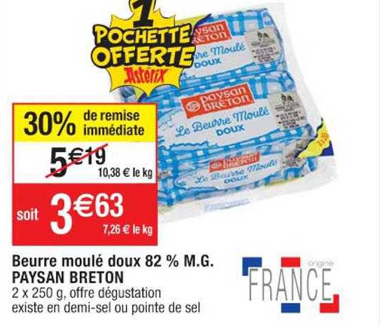 beurre moulé doux 82% m.g. paysan breton