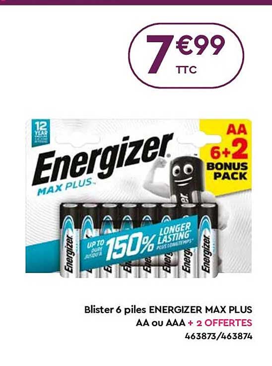 blister 6 piles energizer max plus aa ou aaa + 2 offertes