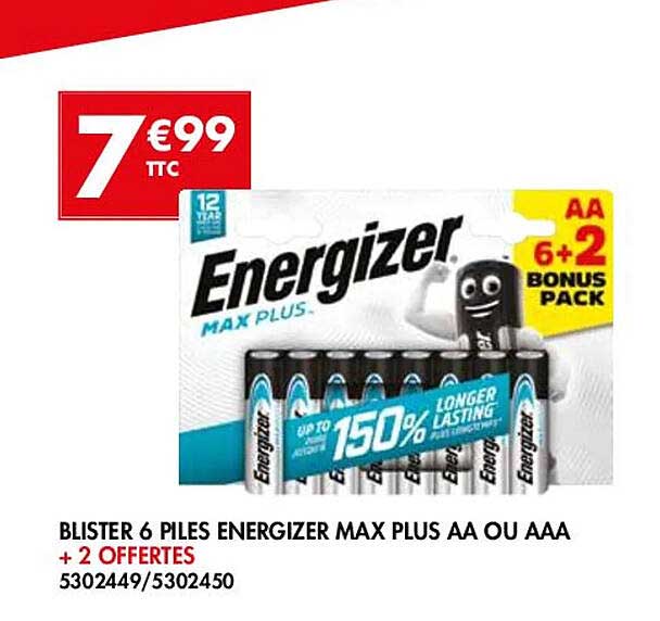 blister 6 piles energizer max plus aa ou aaa + 2 offertes