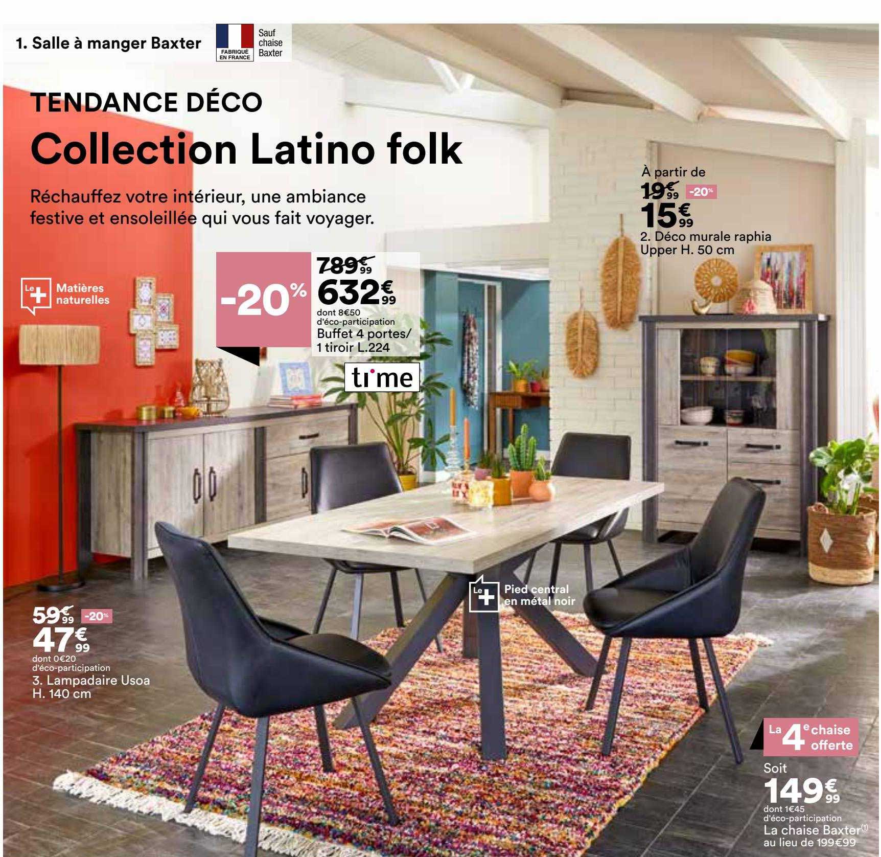 buffet 4 portes-1 tiroir l. 224 ti'me, lampadaire usoa h. 140 cm, la chaise baxter, déco murale raphia upper h. 50 cm