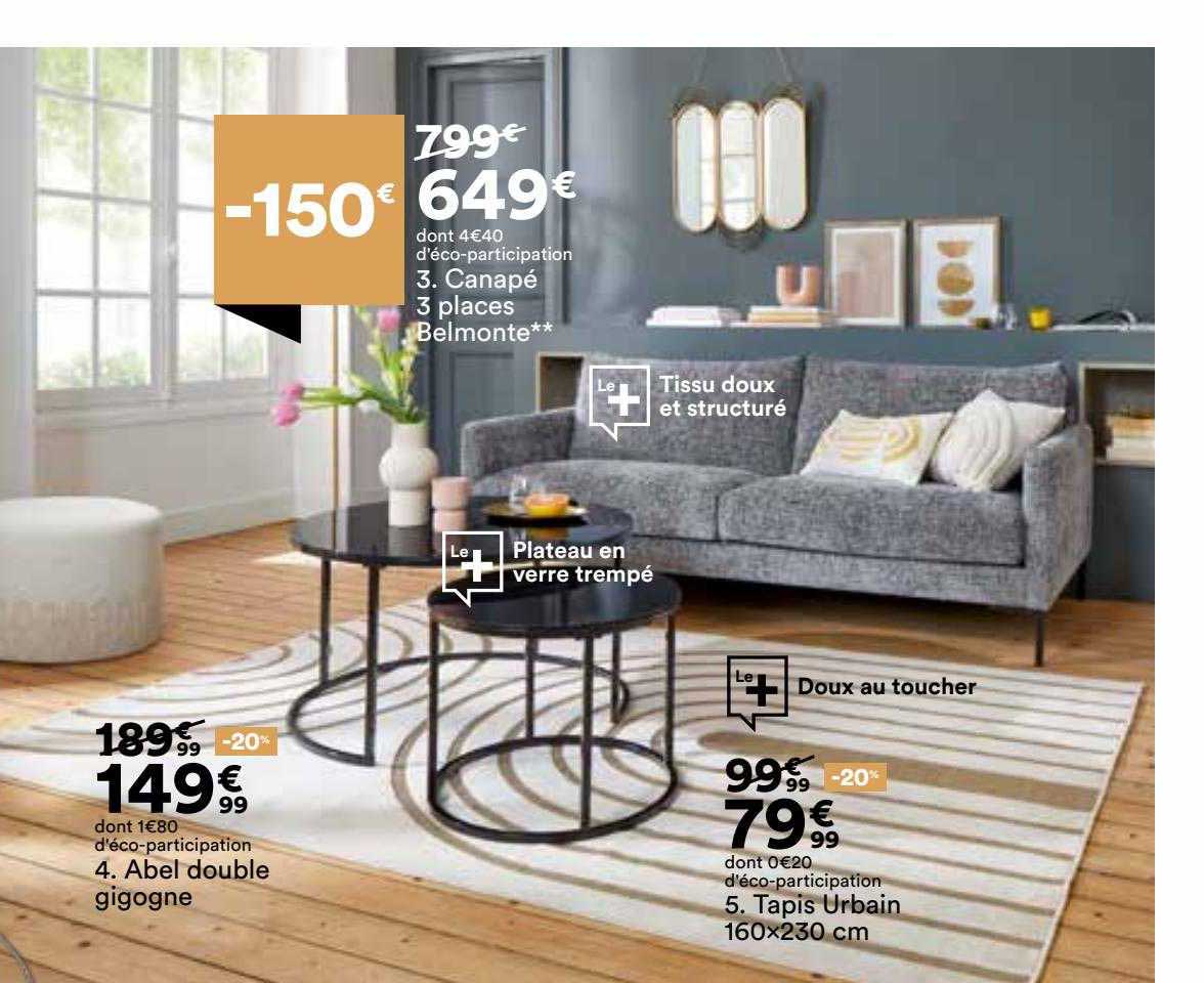 Canapé 3 Places Belmonte, Abel Double Gigogne, Tapis Urbain 160 X 230 Cm