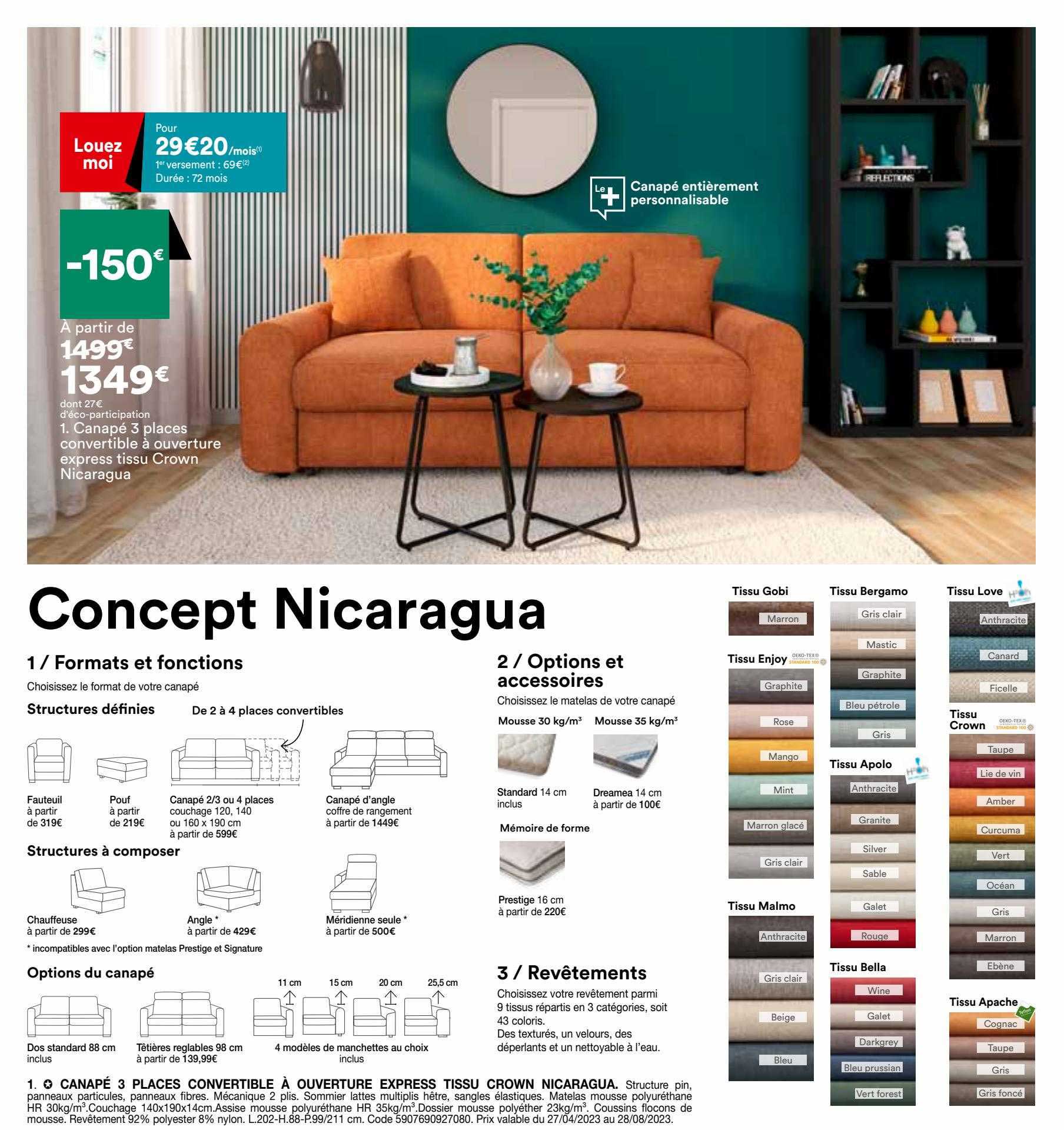 canapé 3 places convertible à ouverture express tissu crown nicaragua