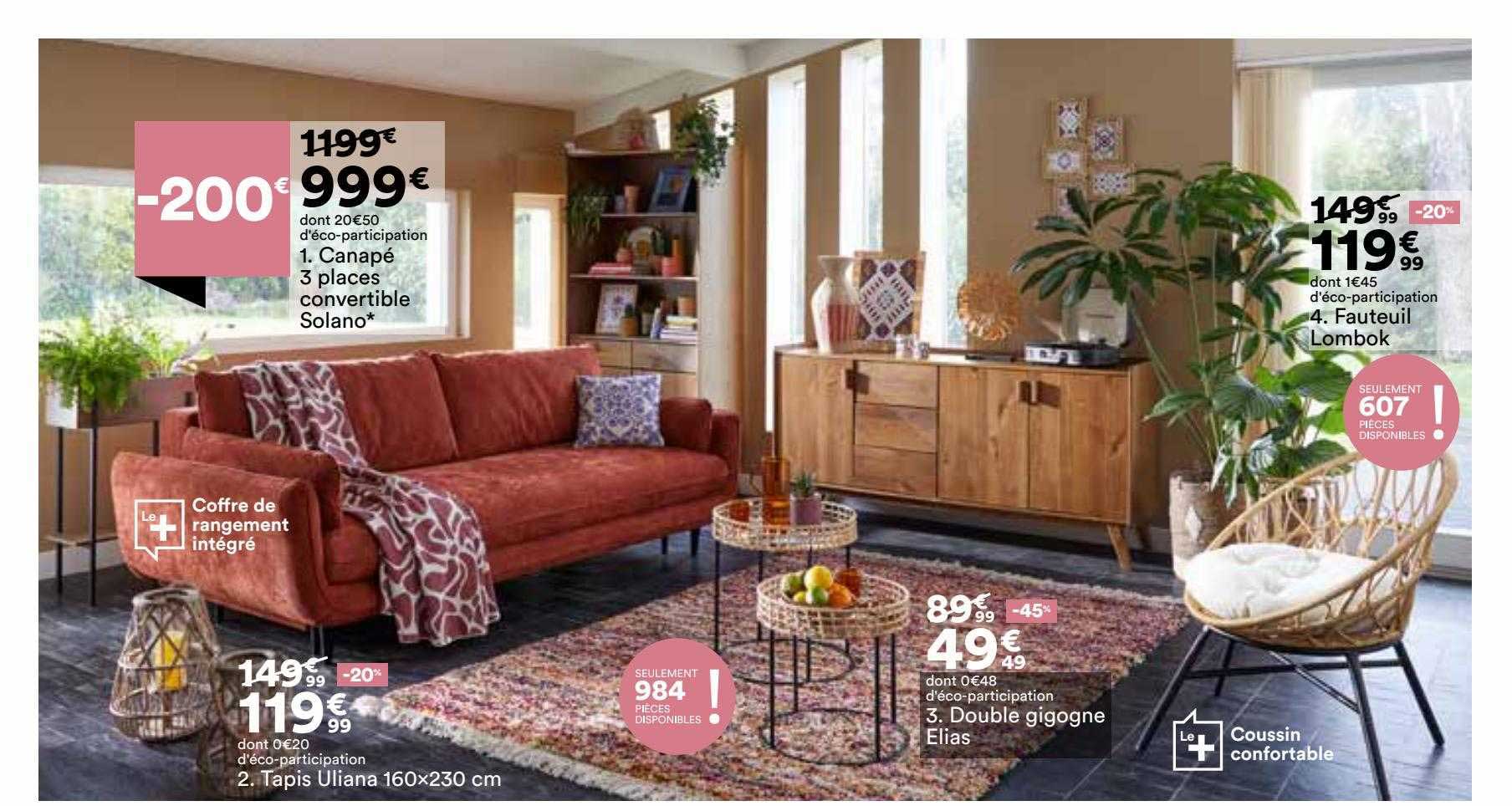 canapé 3 places convertible solano, tapis uliana 160 x 230 cm, double gigogne elias, fauteuil lombok