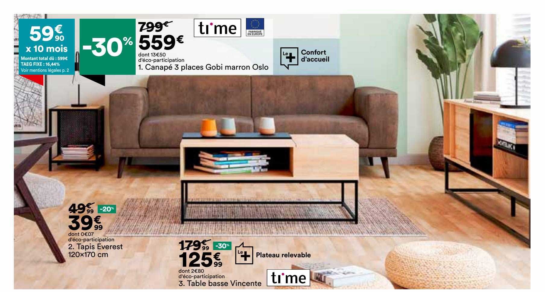 canapé 3 places gobi marron oslo, tapis everest 120 x 170 cm, table basse vincente ti'me