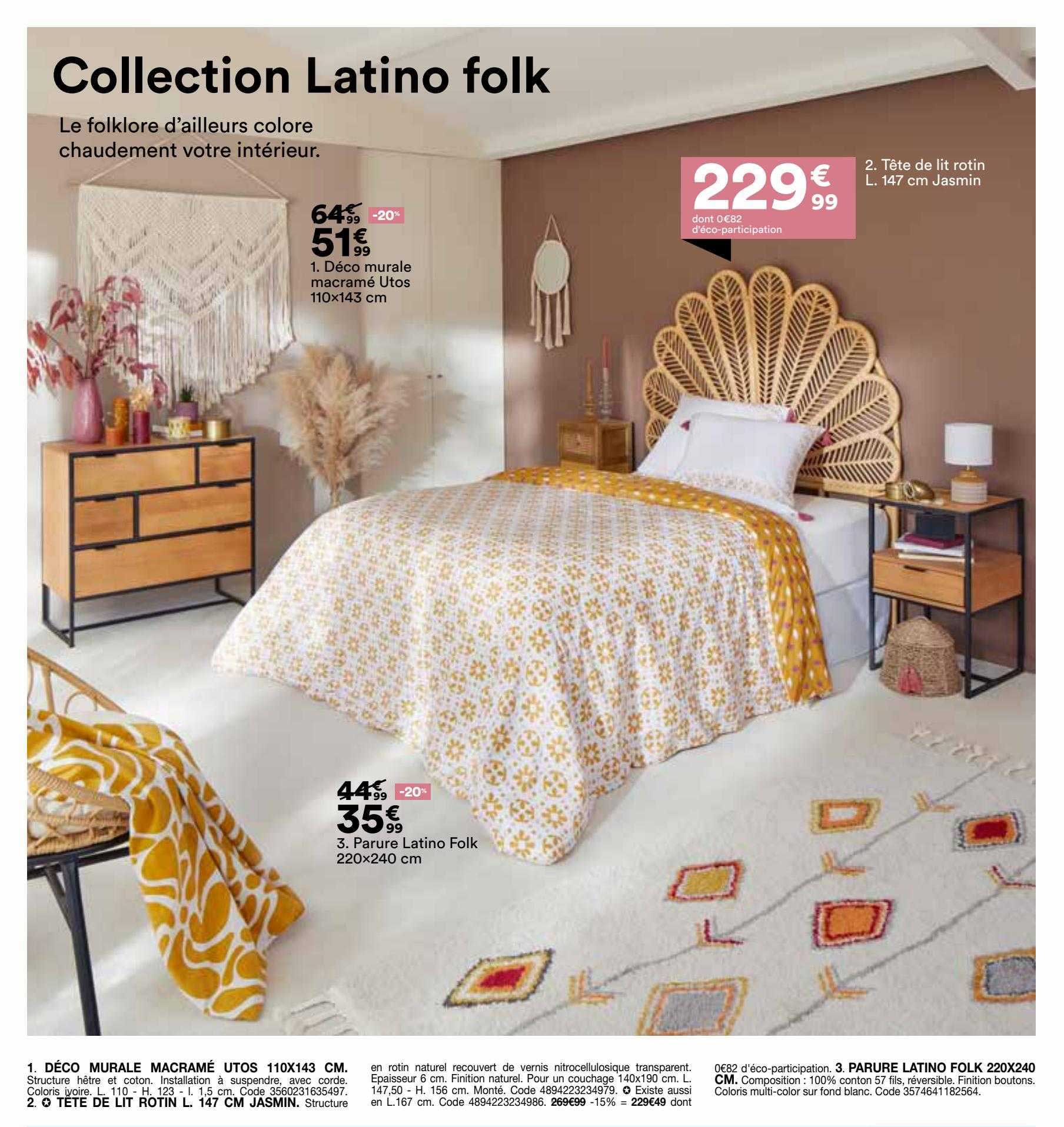 déco murale macramé utos 110 x 143 cm, parure latine folk 220 x 240 cm, tête de lit rotin l. 147 cm jasmin