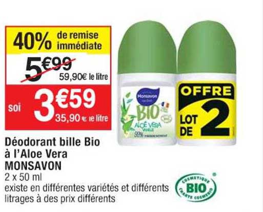 déodorant bille bio à l'aloe vera monsavon