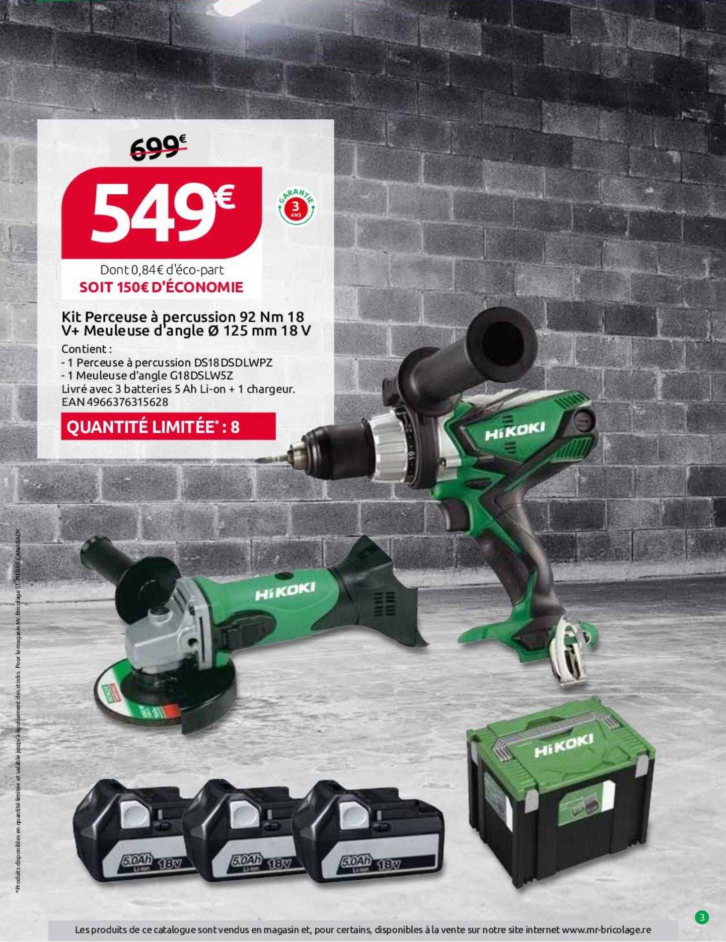 kit perceuse à percussion 92 nm 18v + meuleuse d'angle ø 125 mm 18v hikoki