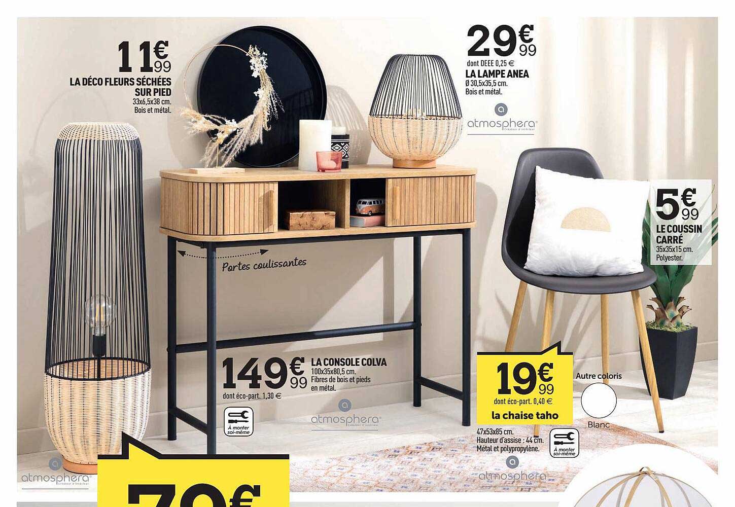 la déco fleurs séchées sur pied, la console colva, la lampe anea,  la chaise taho, le coussin carré