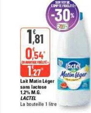 lait matin léger sans lactose 1,2% m.g. lactel