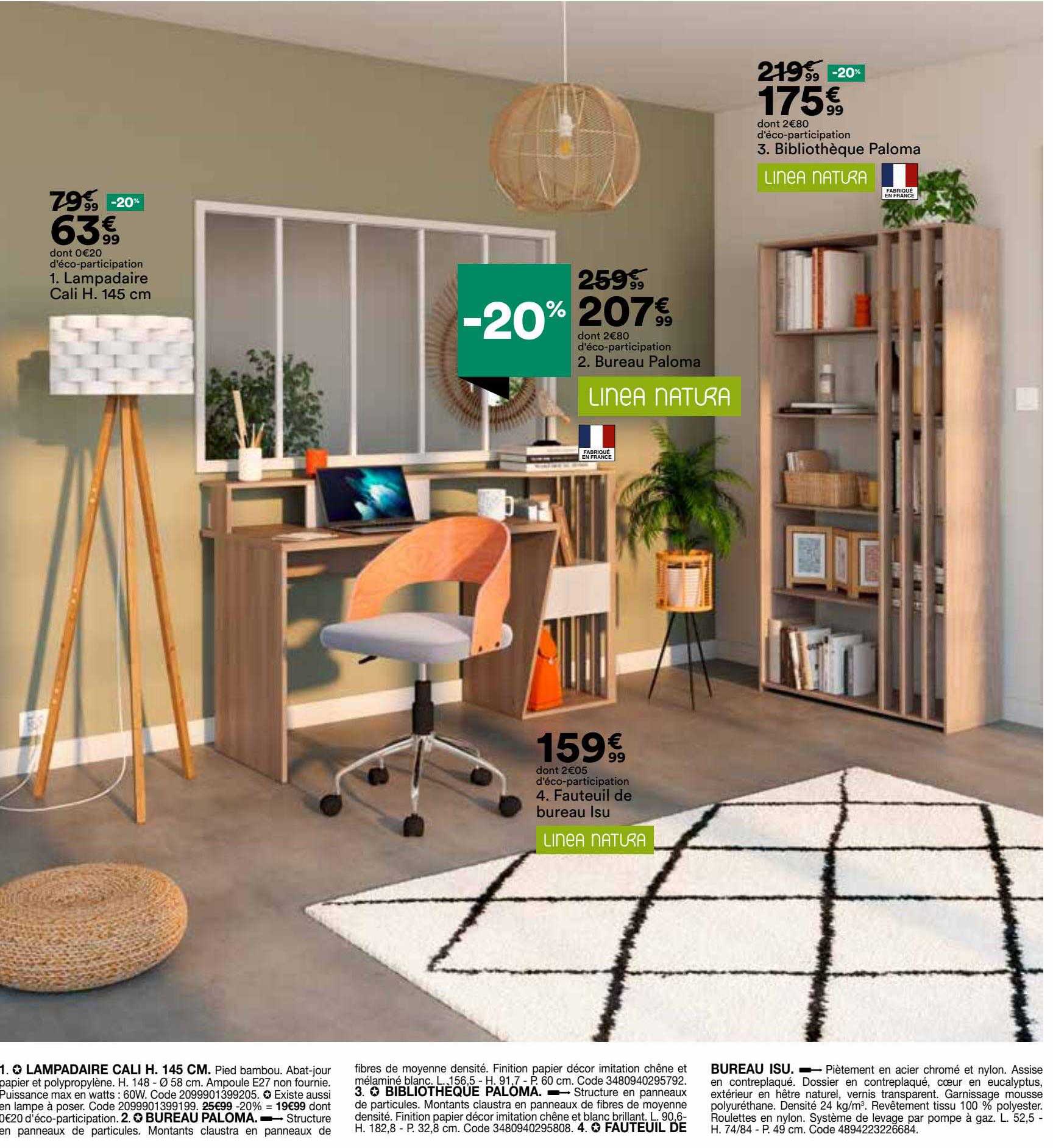 lampadaire cali h. 145 cm, bureau paloma linea natura, bibliothèque paloma linea natura, fauteuil de bureau isu linea natura